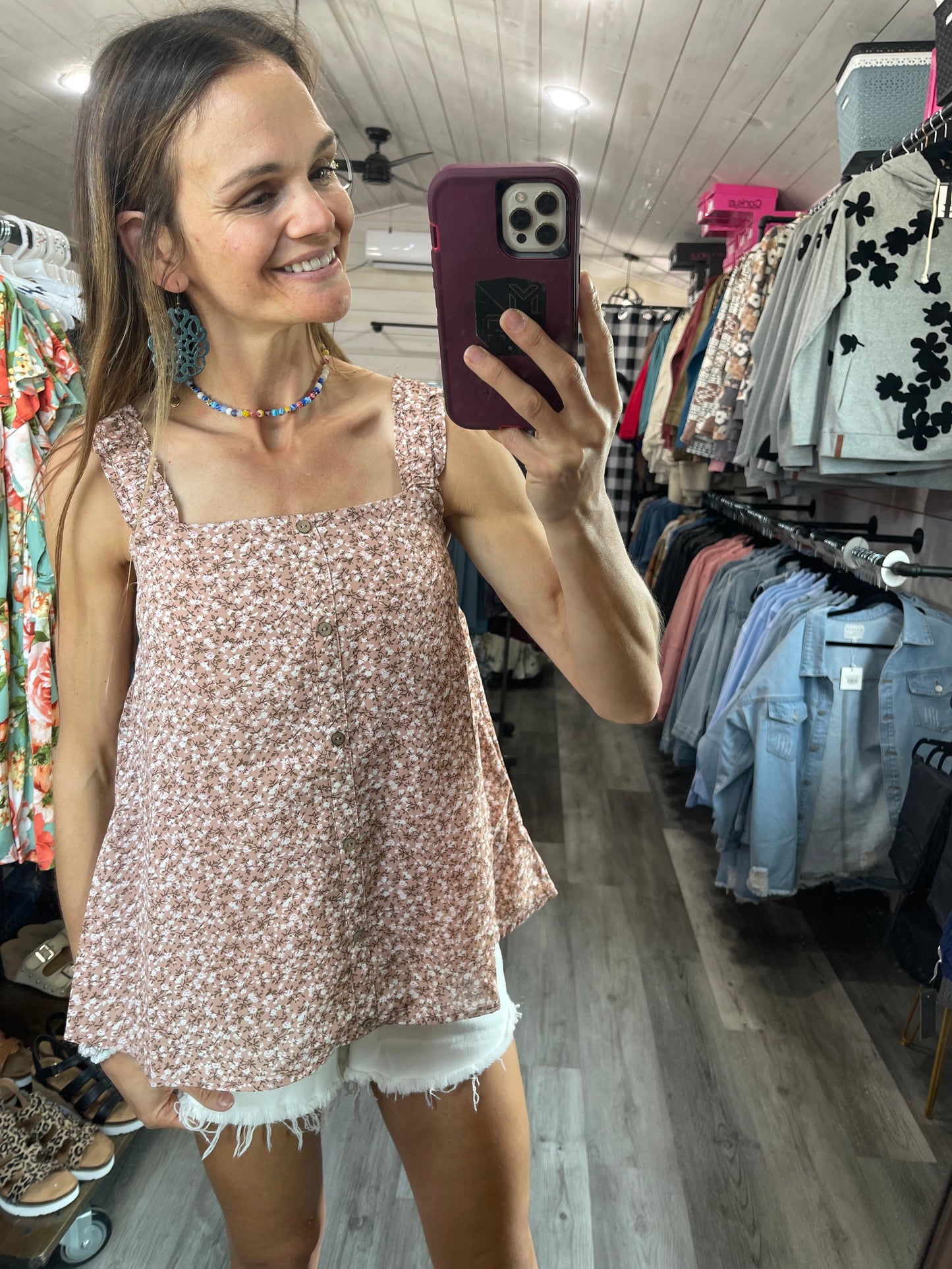 FLORAL NON FUNCTIONAL BUTTON DOWN TANK TOP WITH RUFFLED STRAPS final sale