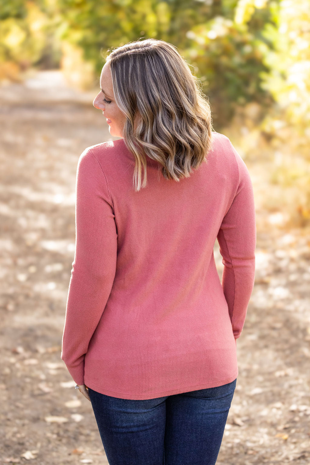 IN STOCK Brielle Henley Ribbed Long Sleeve - Terra Cotta