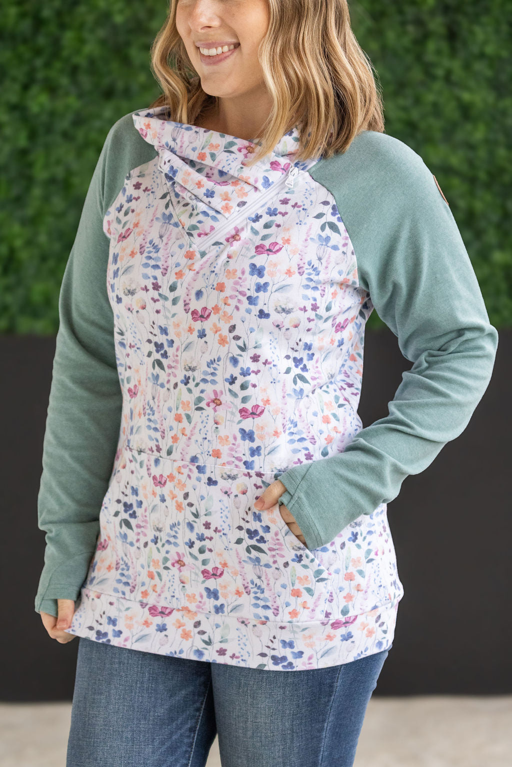 IN STOCK Zoey ZipCowl Sweatshirt - Sage and Floral Paradise