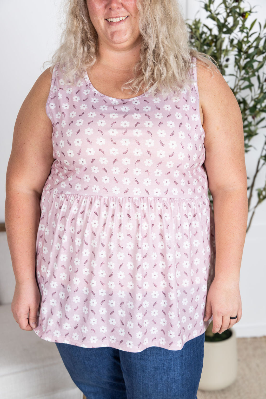 IN STOCK Renee Ruffle Tank Top - Pearl Pink Floral