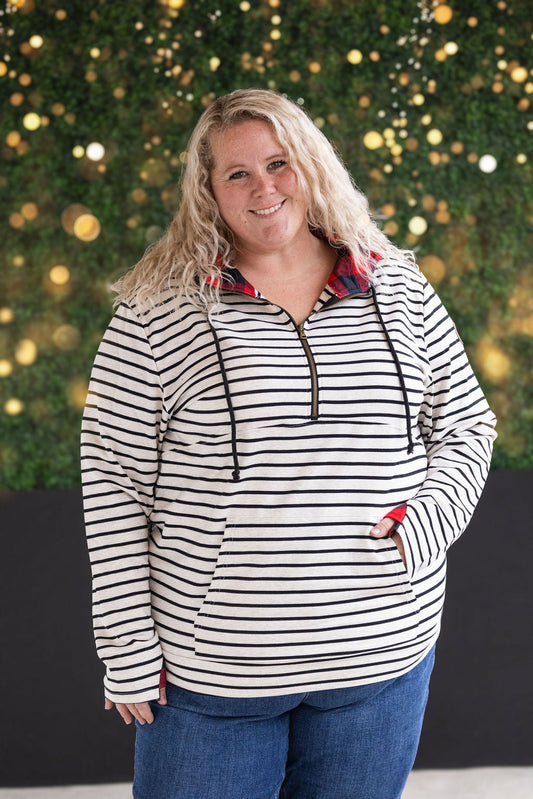 IN STOCK HalfZip Hoodie - Oatmeal Stripes and Buffalo Plaid