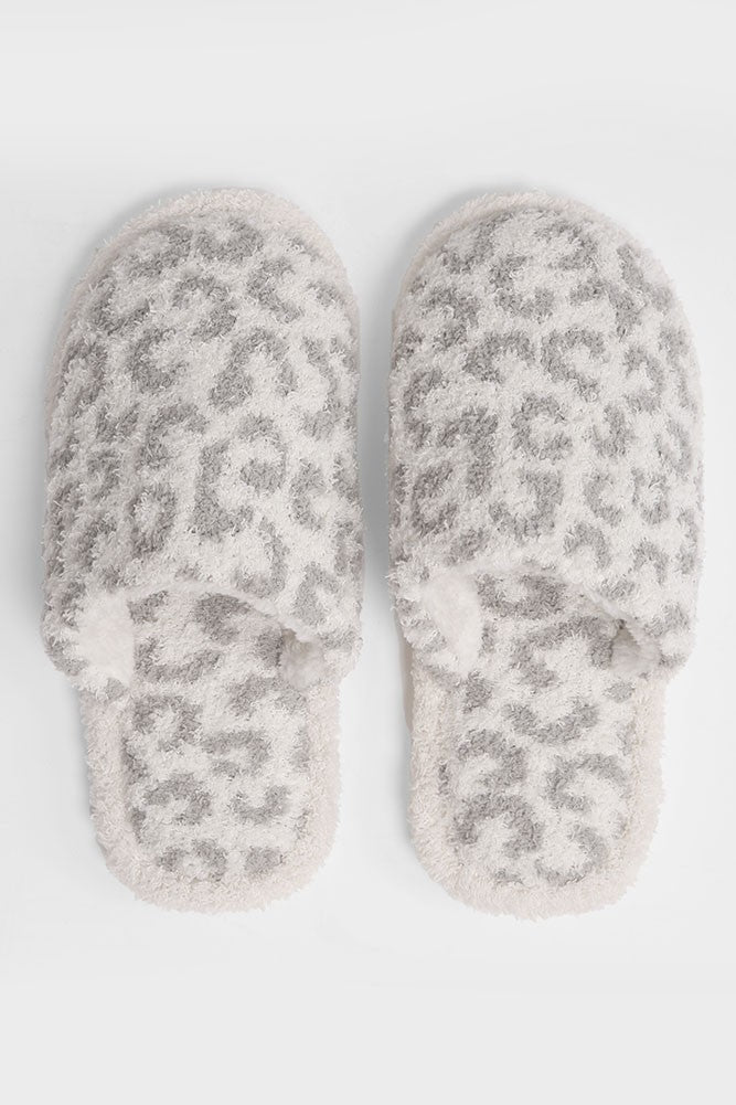 Comfy Leopard Animal Print Fuzzy Slipper Grey S/M