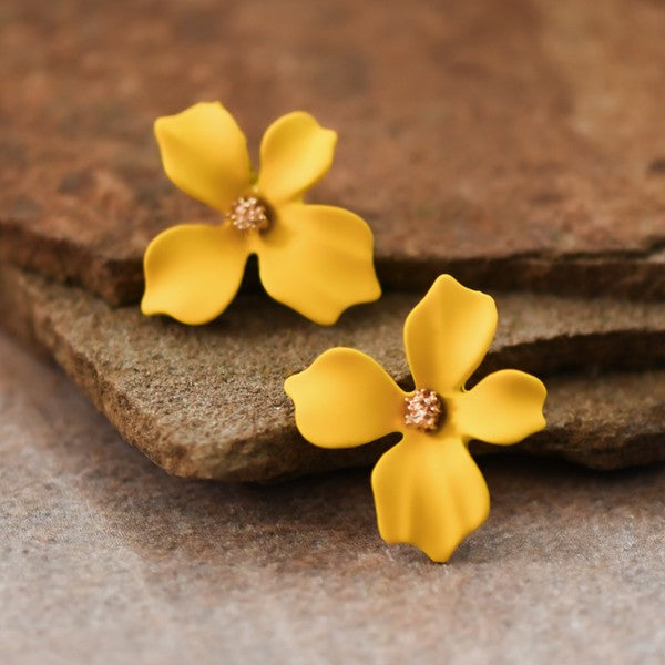 Yellow Painted Metal Flower Stud Earrings