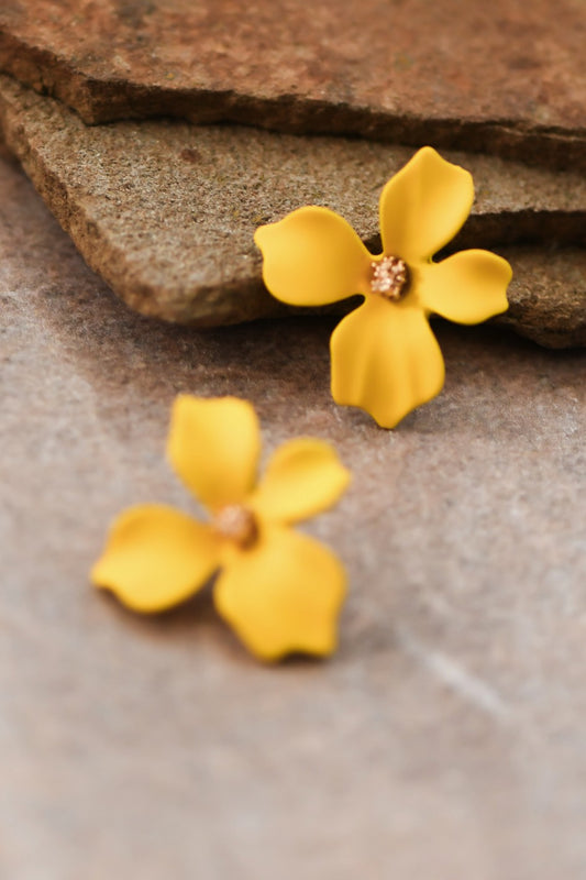 Yellow Painted Metal Flower Stud Earrings