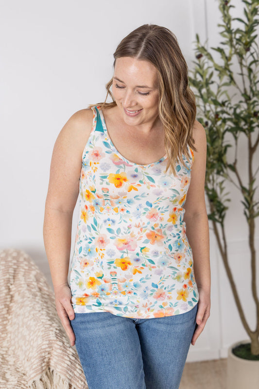 IN STOCK Poppy Tank - Watercolor Floral and Teal