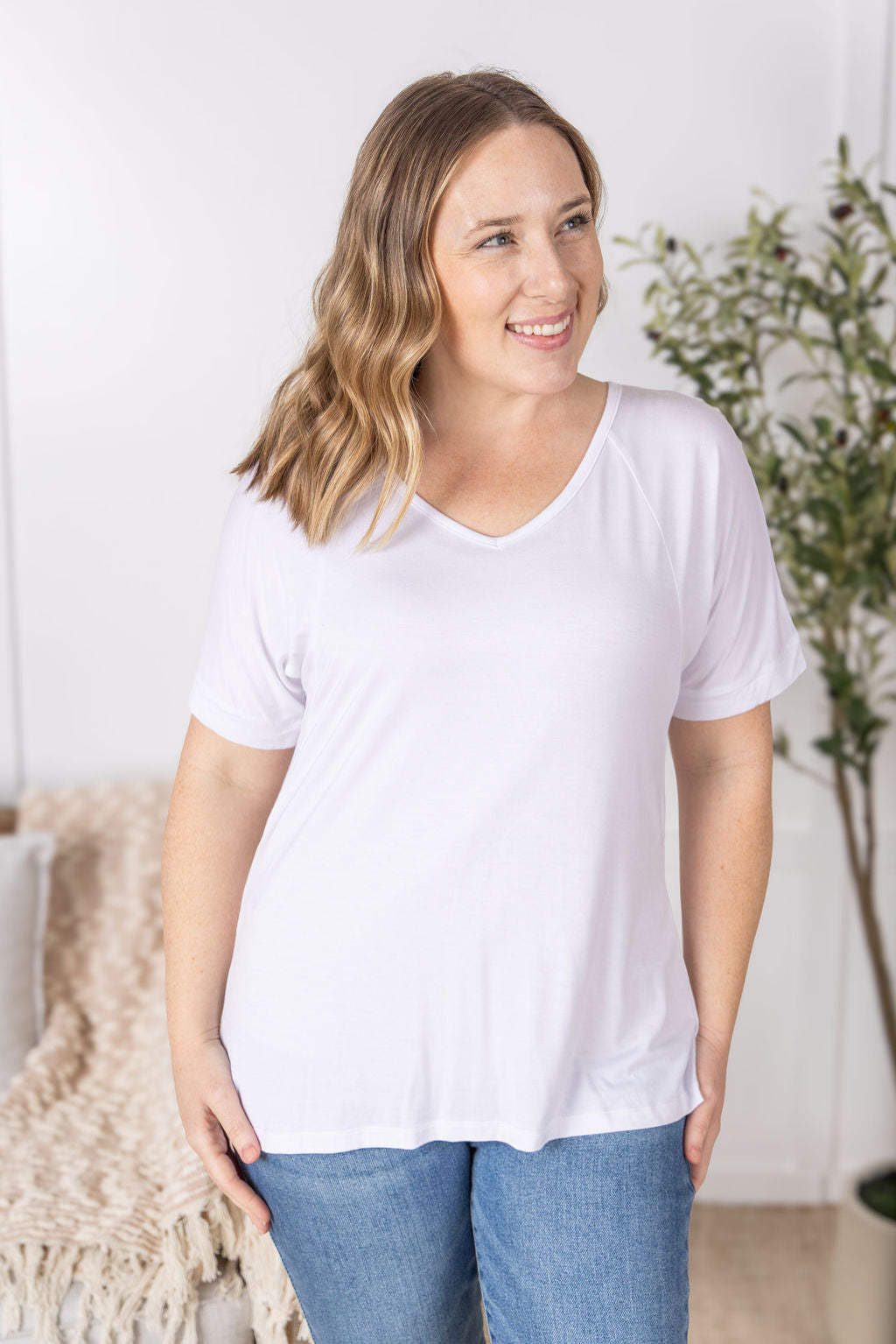 IN STOCK Bamboo V Neck Tee - White
