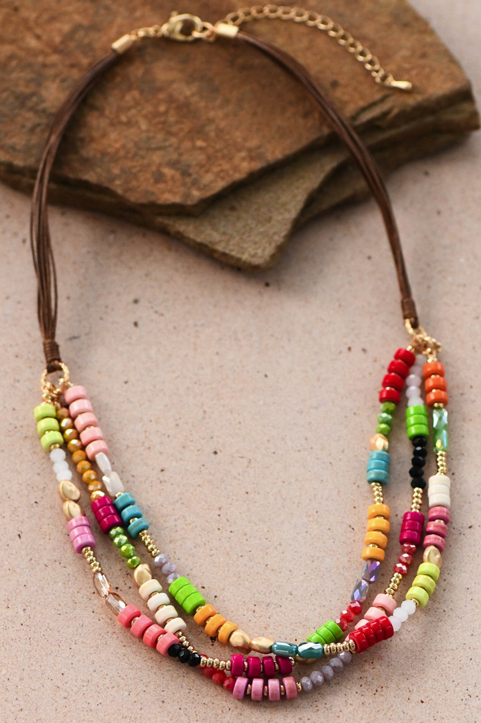 Multi Strand Boho Bead Necklace Colorful Statement