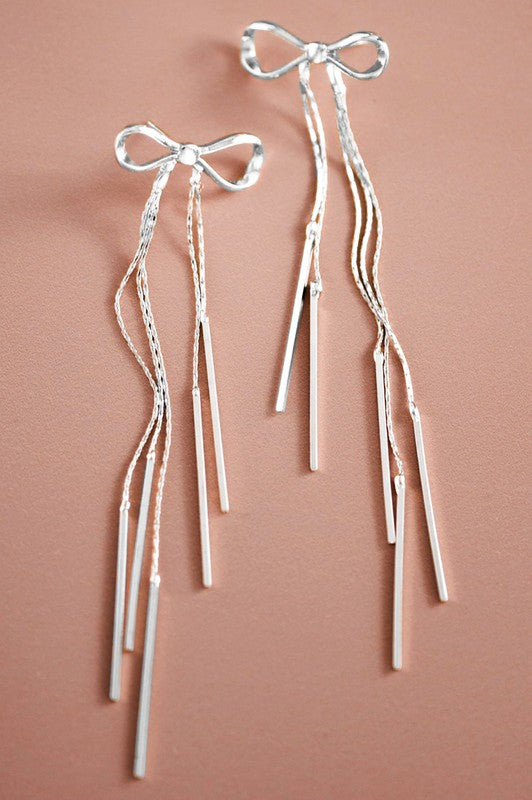 Silver Plated Long Metal Bow Earrings