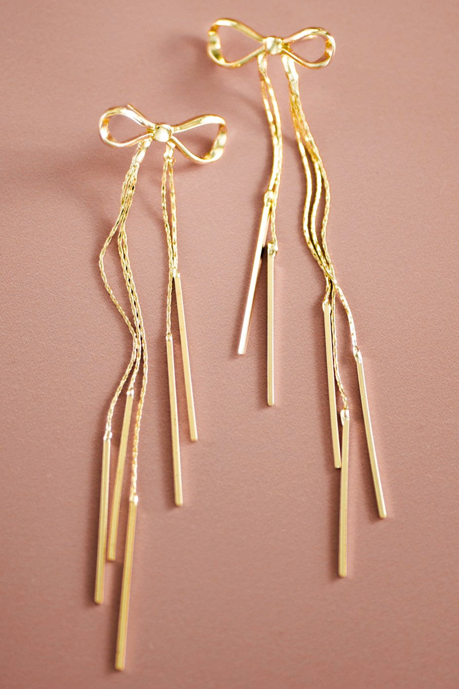 Gold Plated Long Metal Bow Earrings