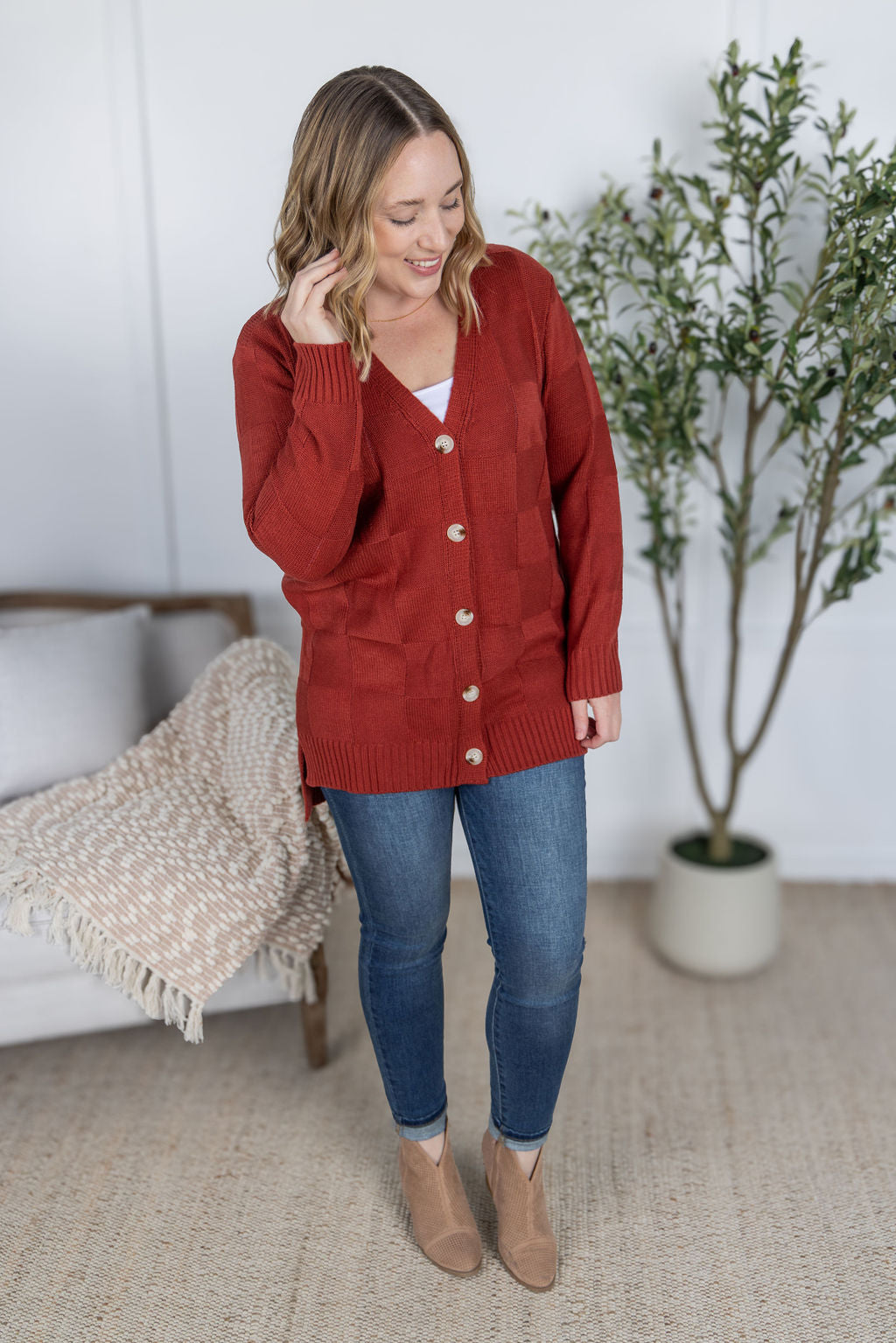 IN STOCK Chelsea Checkered Cardigan - Brick