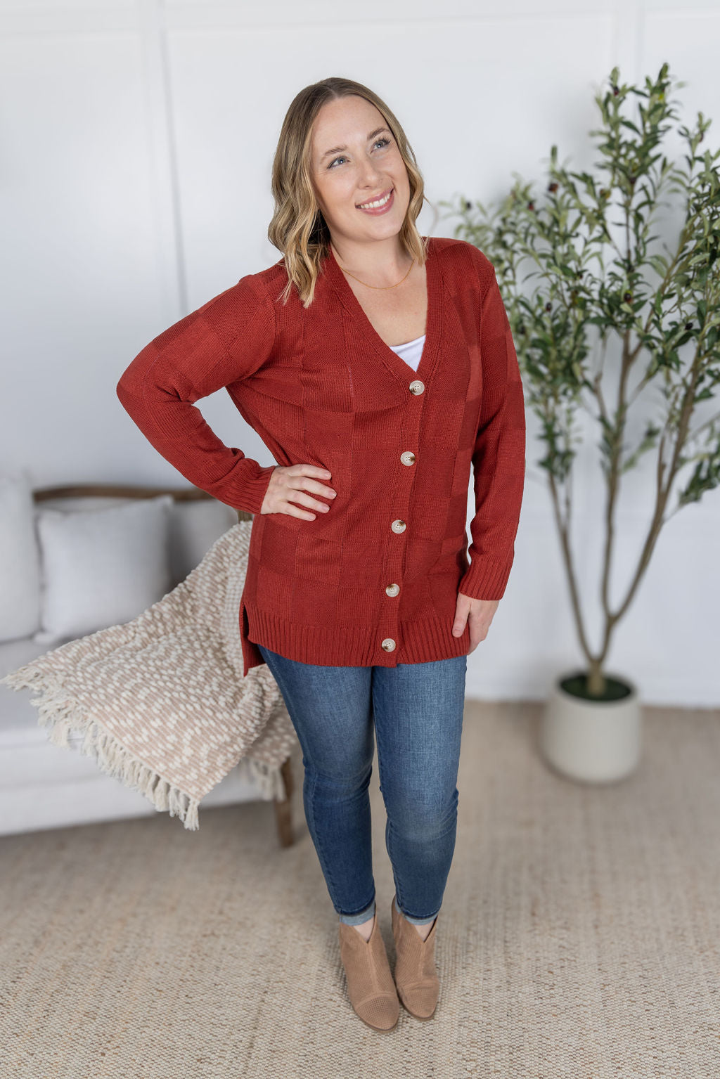 IN STOCK Chelsea Checkered Cardigan - Brick