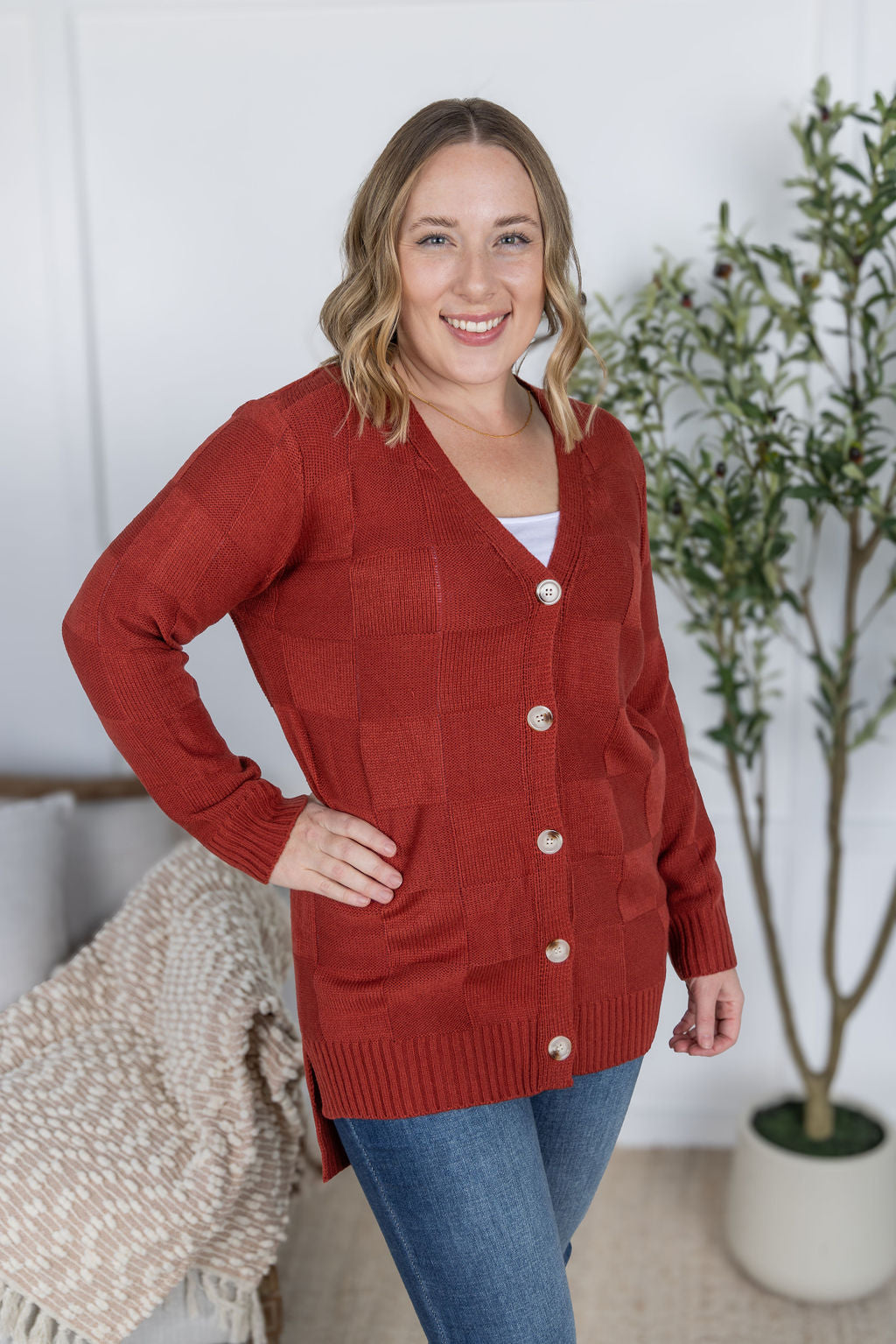 IN STOCK Chelsea Checkered Cardigan - Brick
