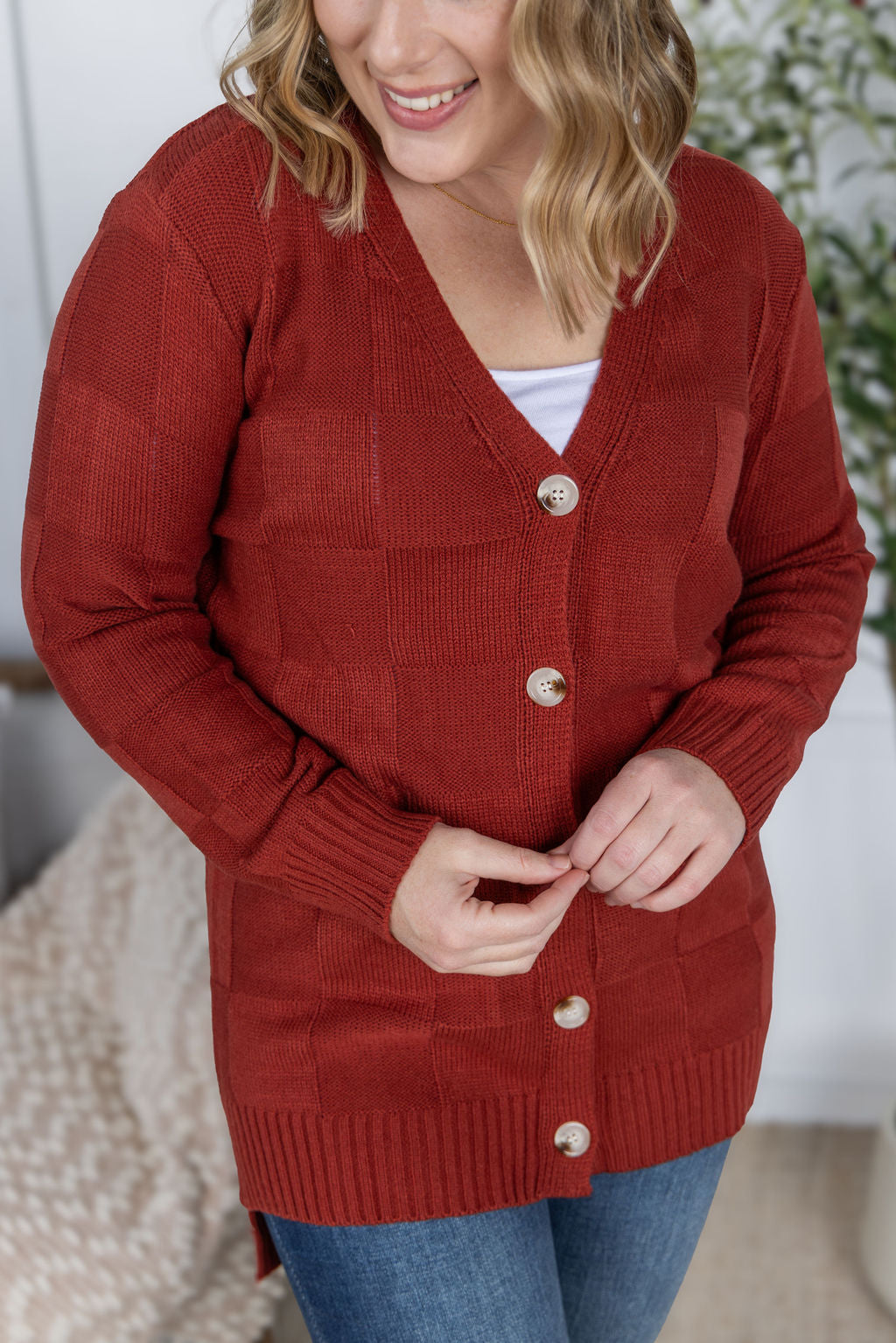 IN STOCK Chelsea Checkered Cardigan - Brick
