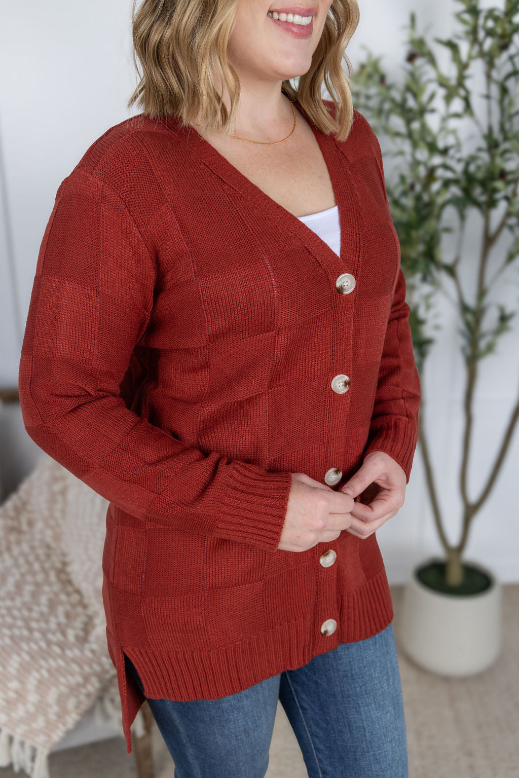 IN STOCK Chelsea Checkered Cardigan - Brick