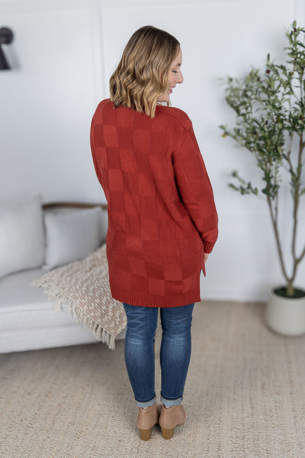 IN STOCK Chelsea Checkered Cardigan - Brick