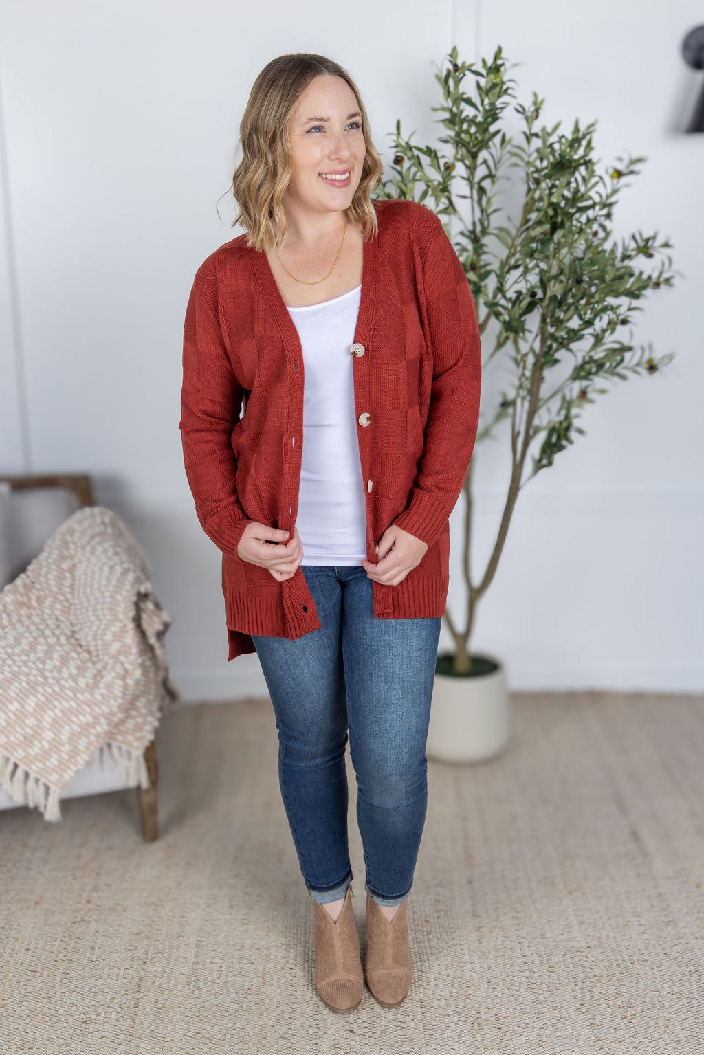 IN STOCK Chelsea Checkered Cardigan - Brick
