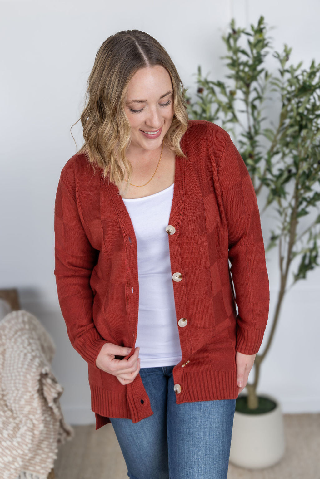IN STOCK Chelsea Checkered Cardigan - Brick