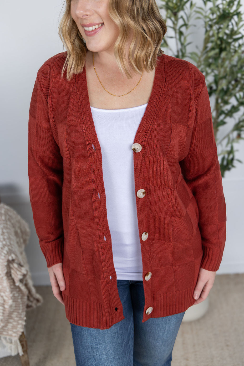 IN STOCK Chelsea Checkered Cardigan - Brick