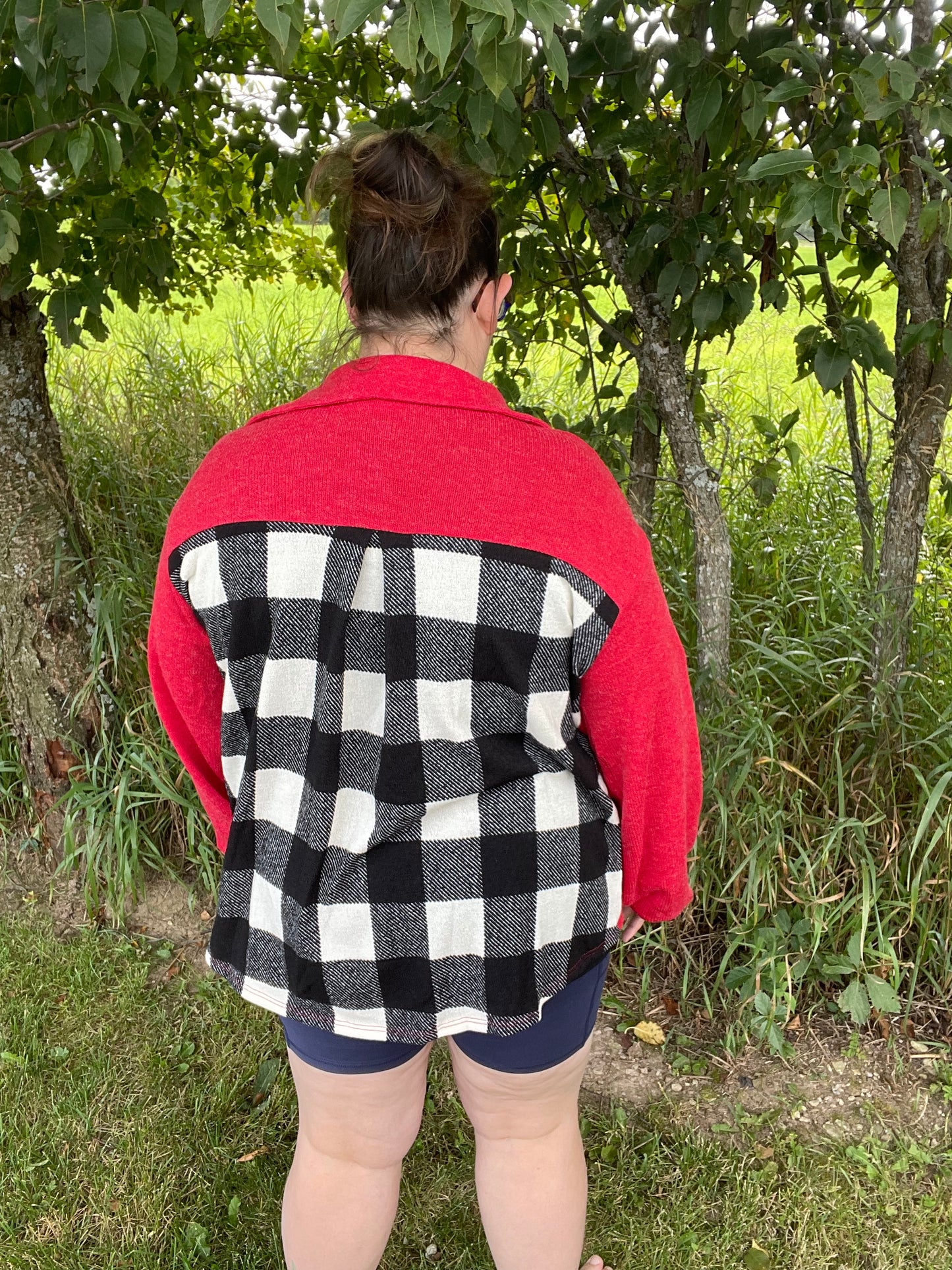 Knit Button down with buffalo plaid back contrast