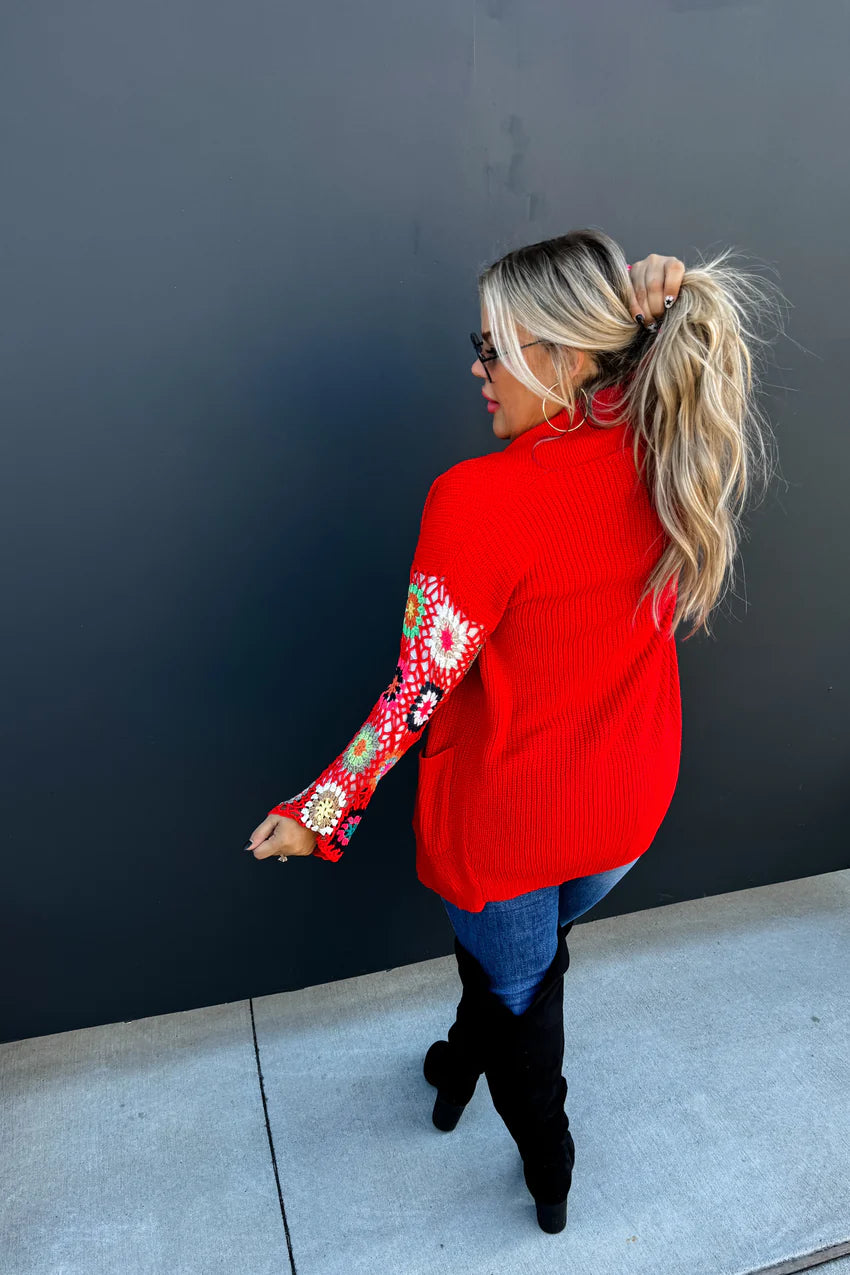 CROCHET SLEEVE CARDIGAN-RED