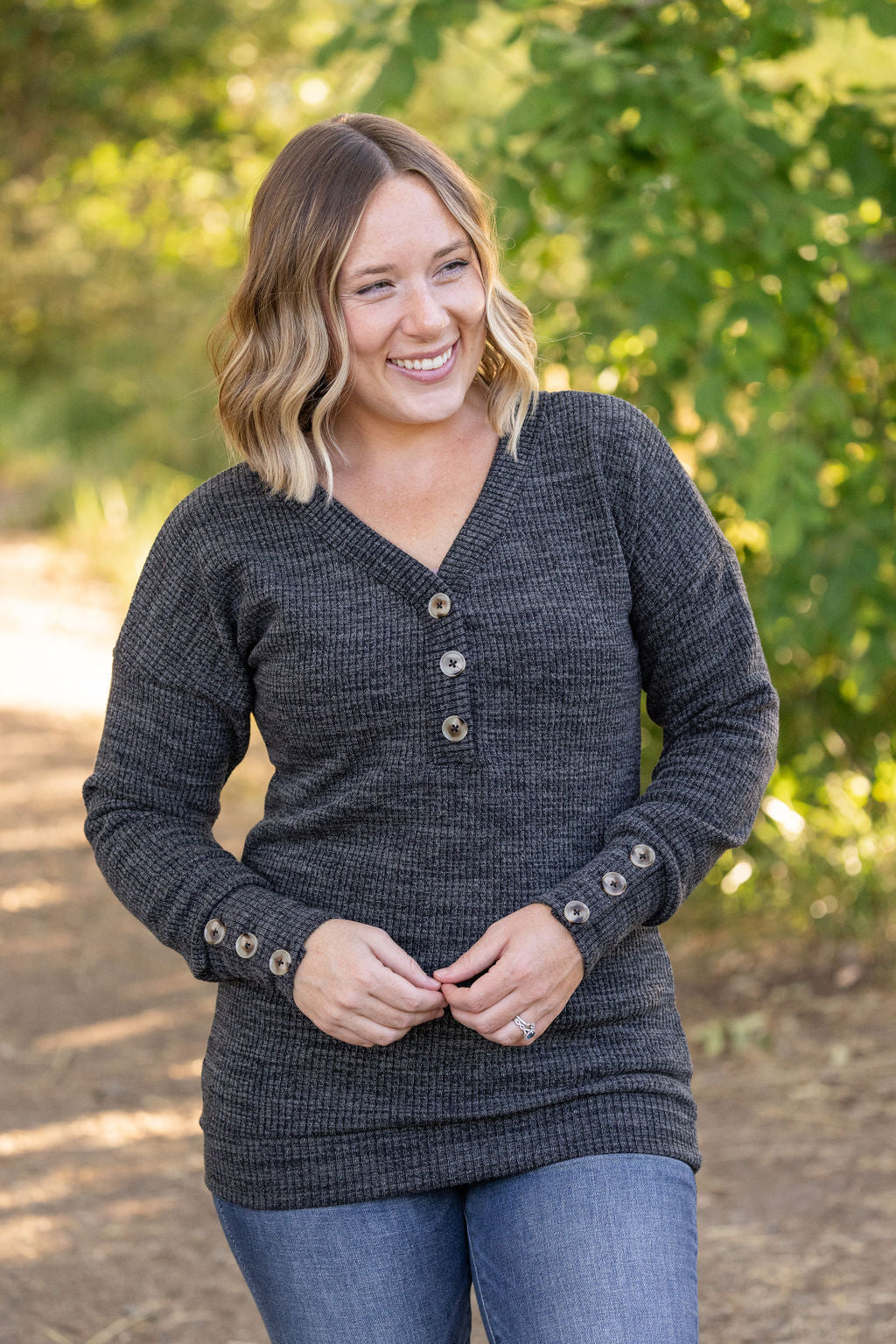 IN STOCK Brittney Button Sweater - Charcoal | Women's Long Sleeve