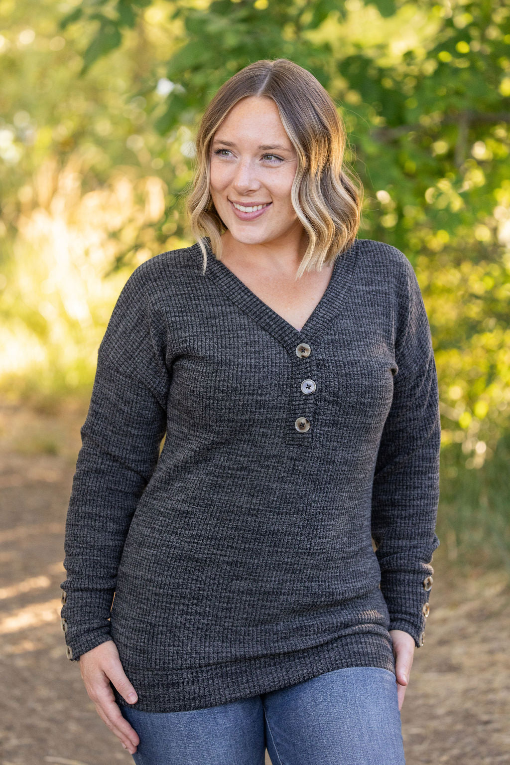 IN STOCK Brittney Button Sweater - Charcoal | Women's Long Sleeve