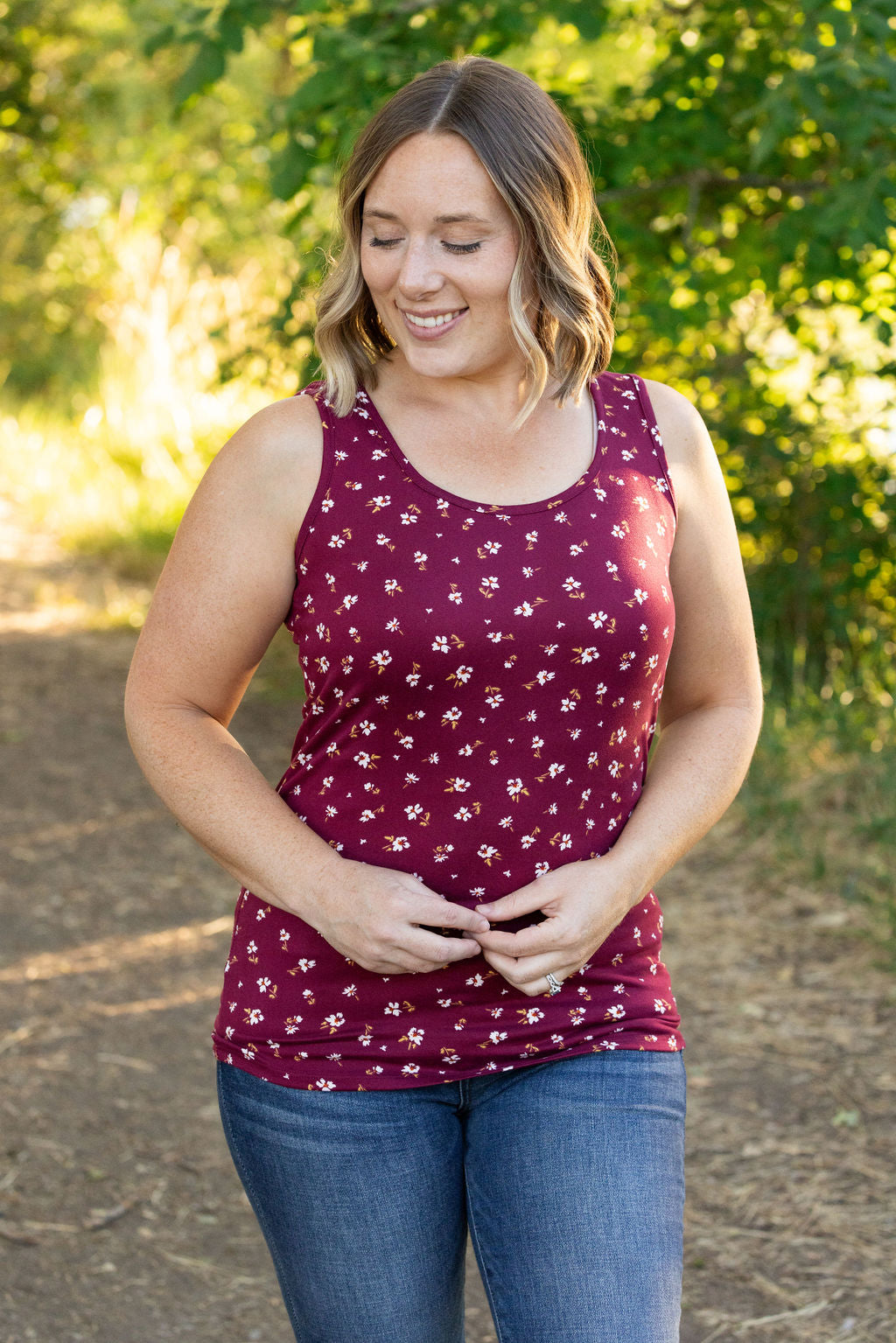 IN STOCK Luxe Crew Tank - Micro Burgundy Floral | Women's Tank Top FINAL SALE