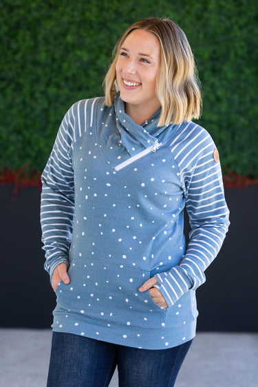 IN STOCK Zoey ZipCowl Sweatshirt - Teal Dots and Stripes