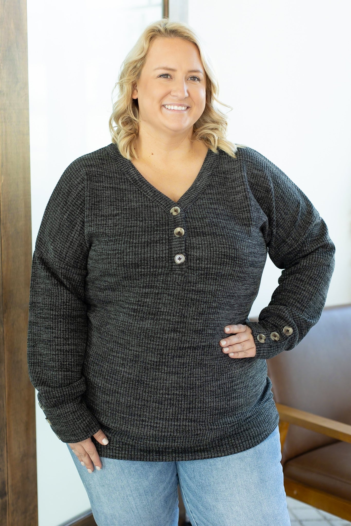 IN STOCK Brittney Button Sweater - Charcoal | Women's Long Sleeve