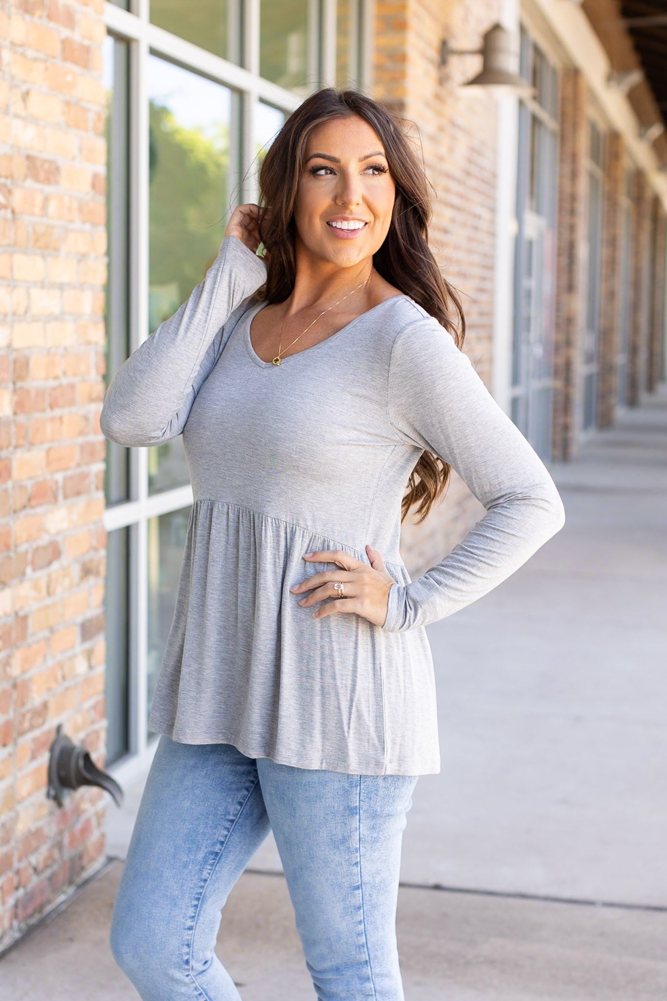 IN STOCK Long Sleeve Sarah Ruffle - Light Grey | Women's Top