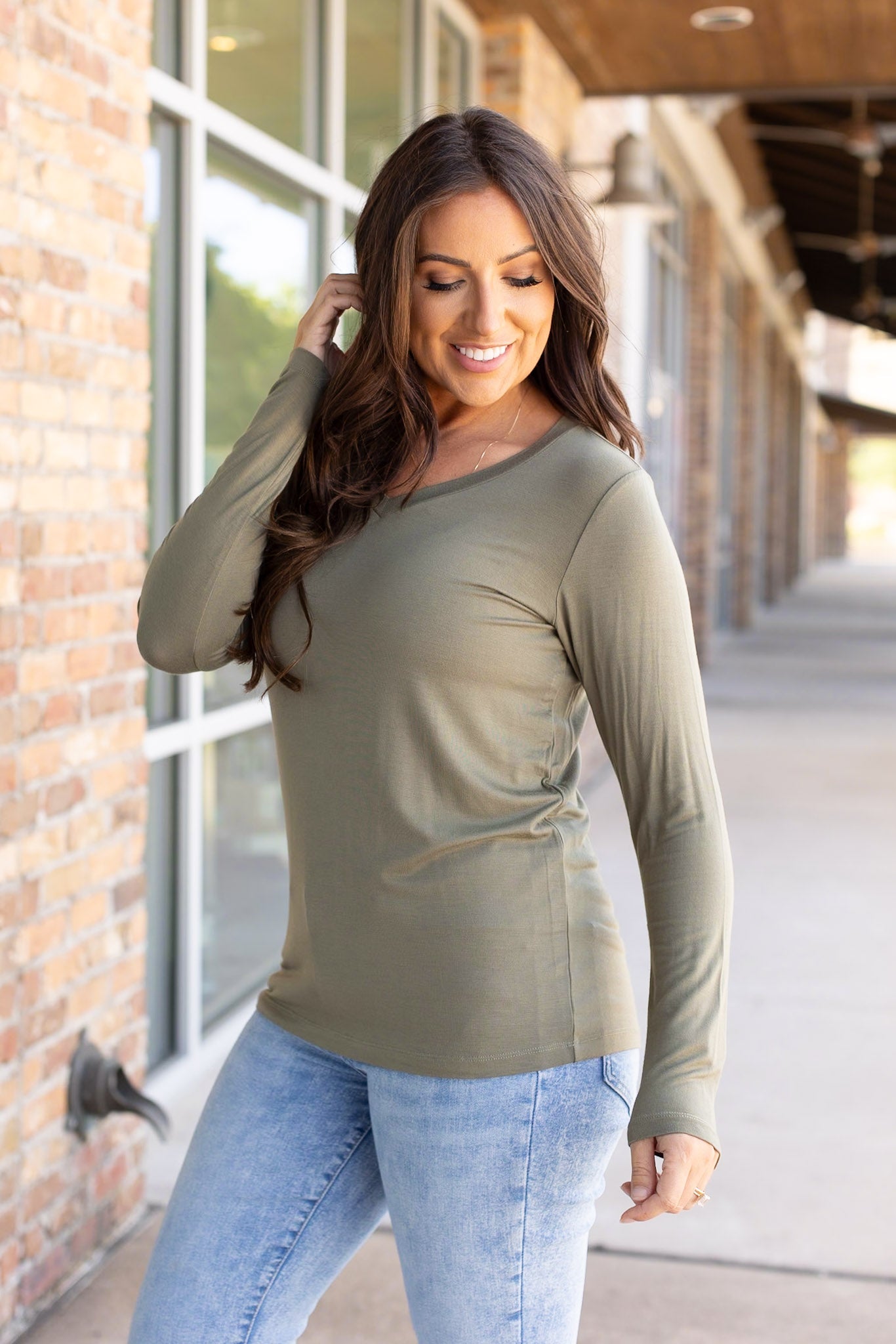 IN STOCK Larissa Long Sleeve - Olive | Women's V-Neck Top