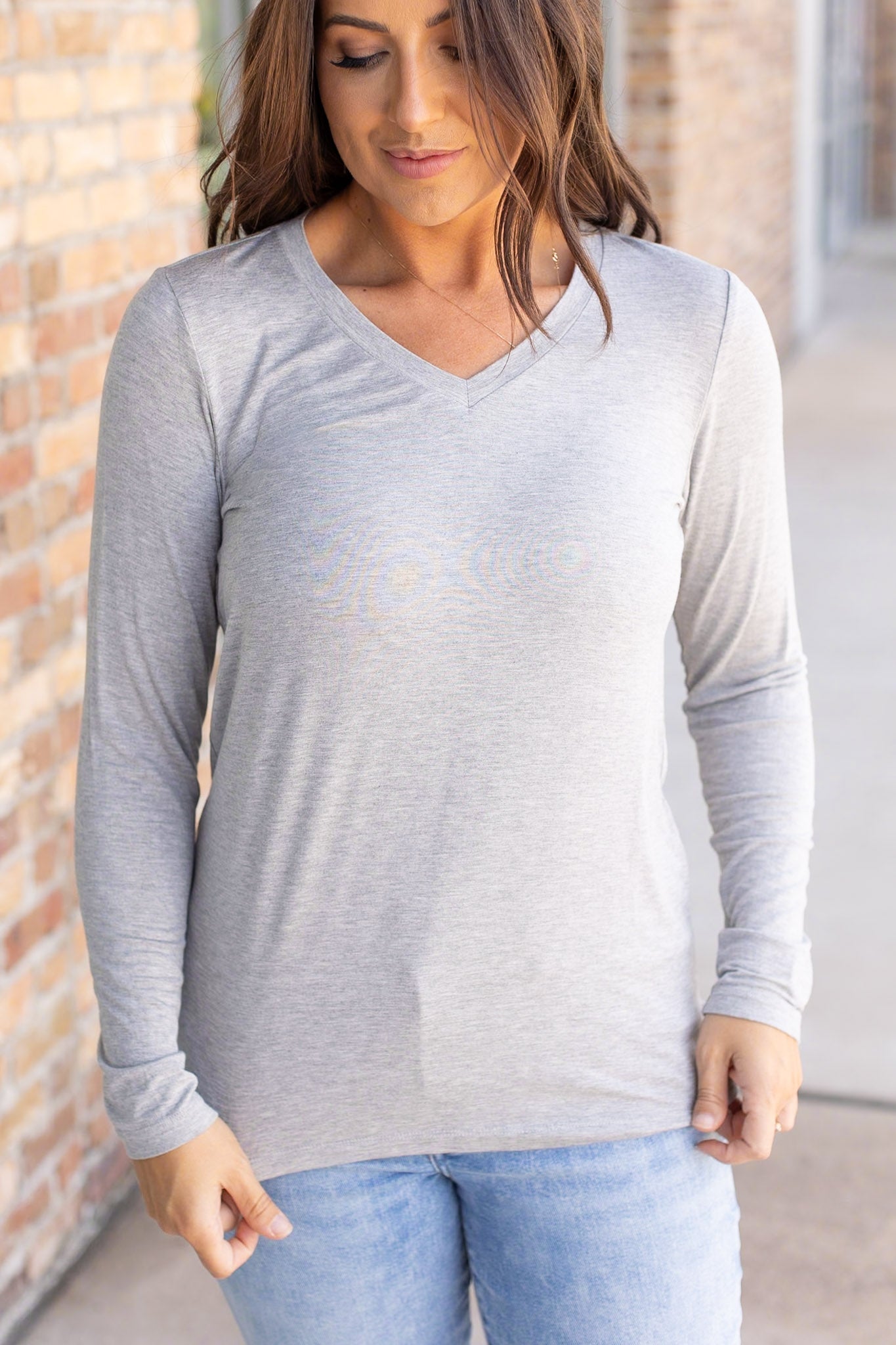 IN STOCK Larissa Long Sleeve - Light Grey | Women's V-Neck Top