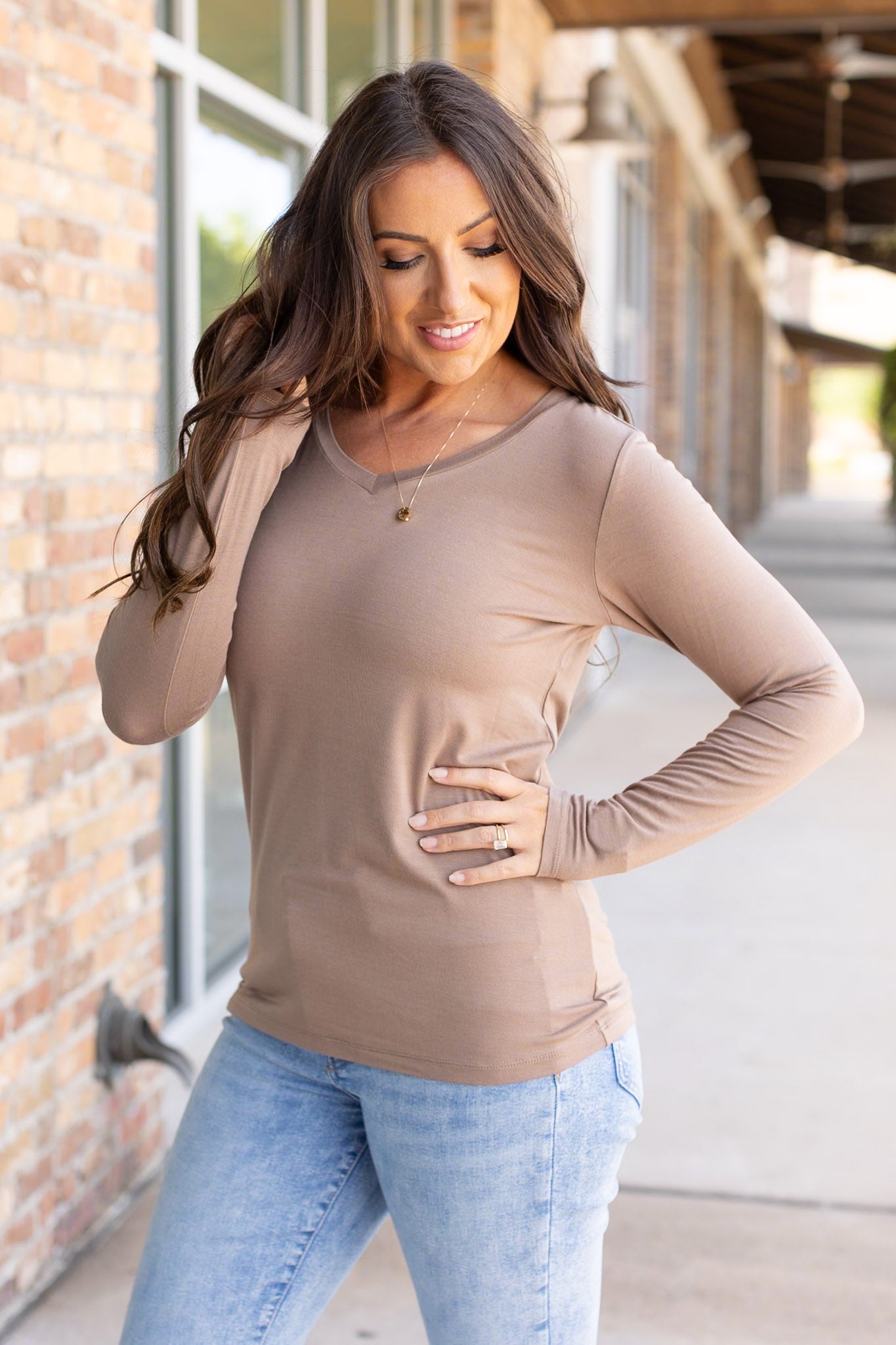 IN STOCK Larissa Long Sleeve - Mocha | Women's V-Neck Top FINAL SALE