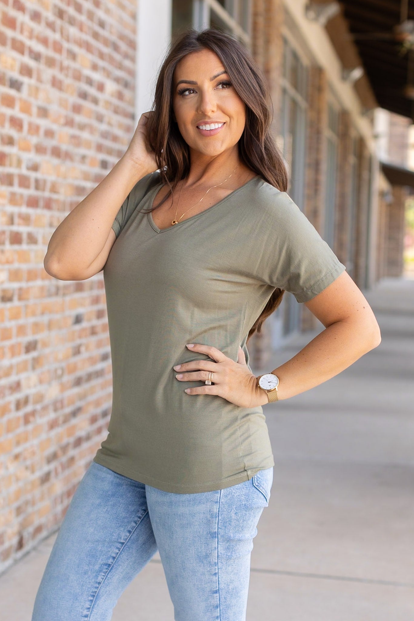 IN STOCK Chloe Cozy Tee - Olive | Women's V-Neck Top