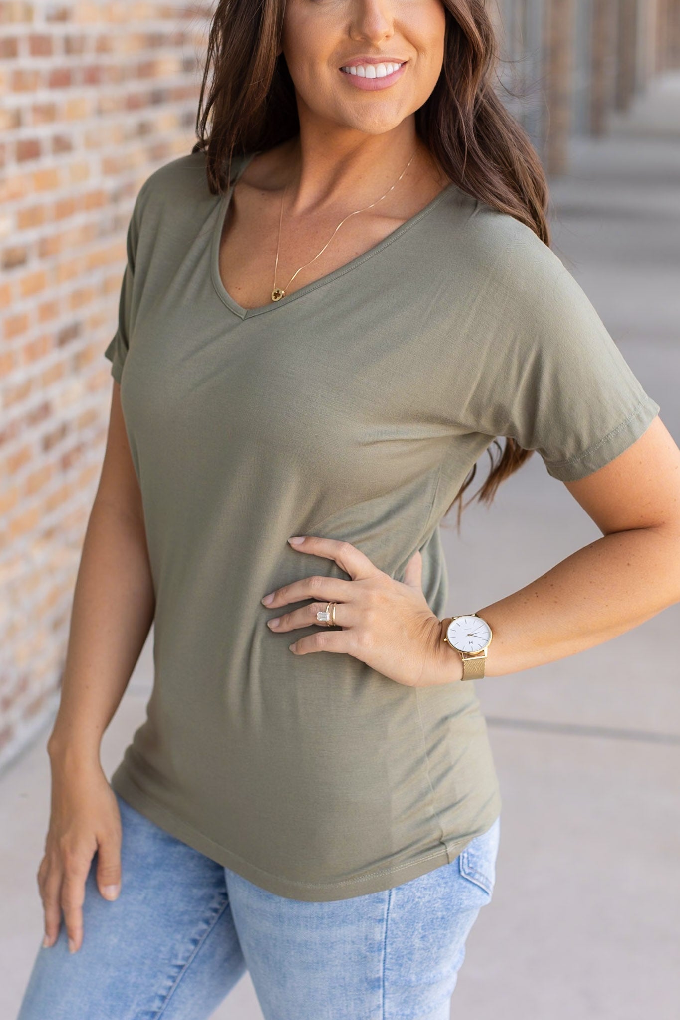 IN STOCK Chloe Cozy Tee - Olive | Women's V-Neck Top