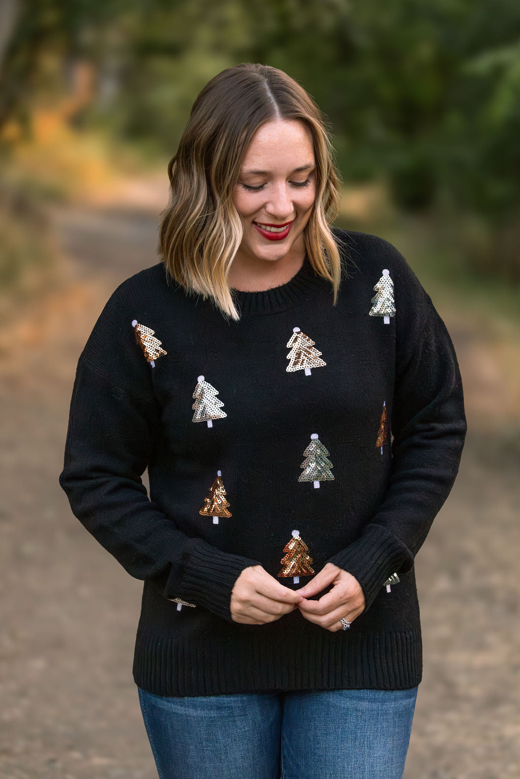 IN STOCK Holly Jolly Sweater - Gold + Silver Trees FINAL SALE