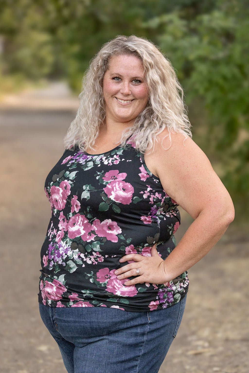 IN STOCK  Luxe Crew Tank - Black and Mauve Floral | Women's Tank Top FINAL SALE