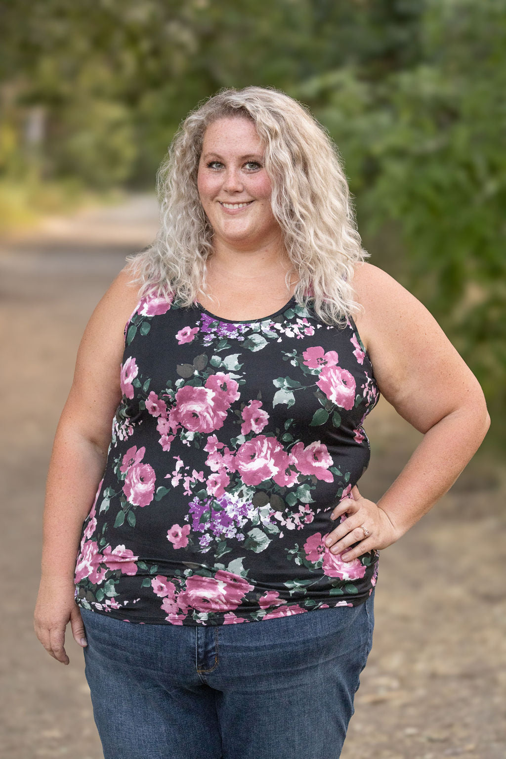 IN STOCK  Luxe Crew Tank - Black and Mauve Floral | Women's Tank Top