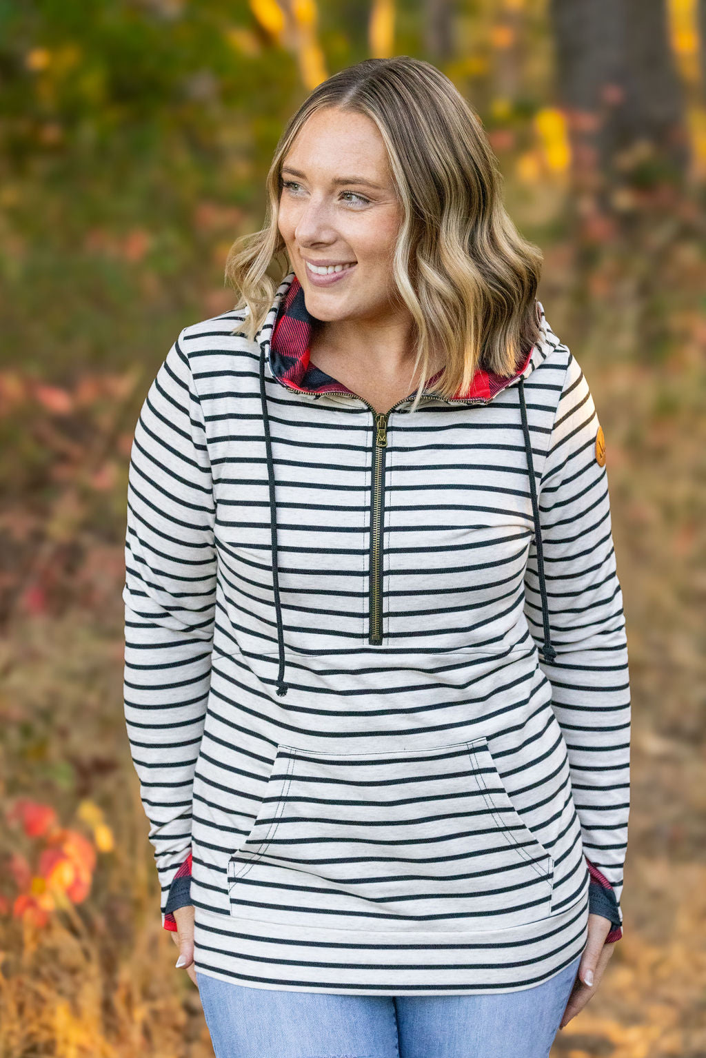 IN STOCK HalfZip Hoodie - Oatmeal Stripes and Buffalo Plaid