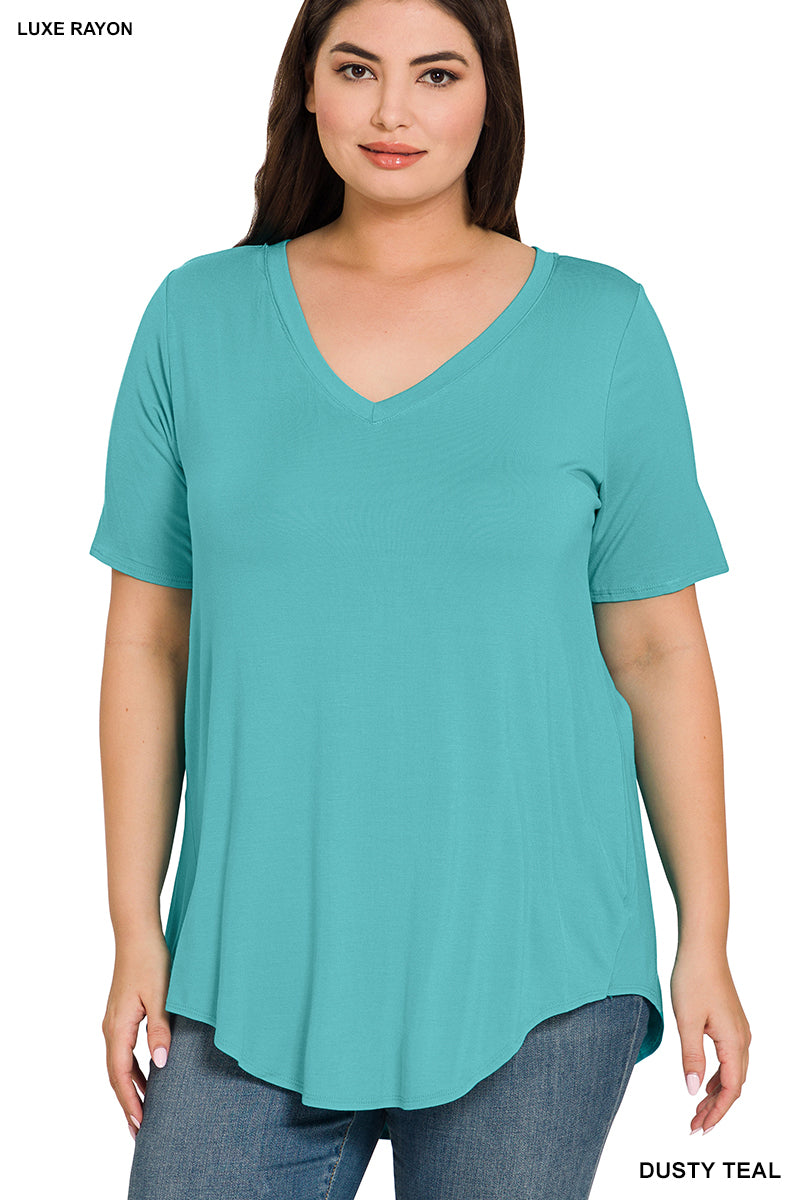 LUXE RAYON SHORT SLEEVE V-NECK HI-LOW HEM TOP(2 colors)