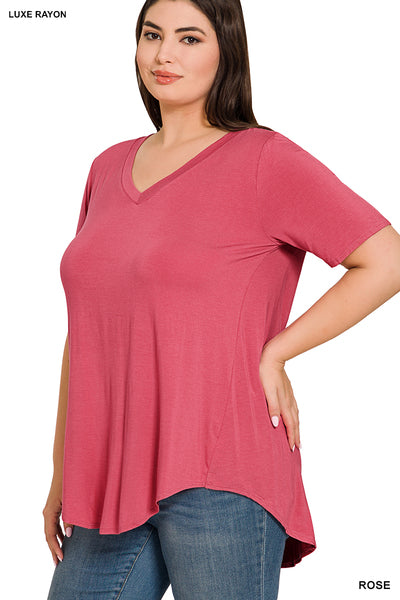 LUXE RAYON SHORT SLEEVE V-NECK HI-LOW HEM TOP(2 colors)
