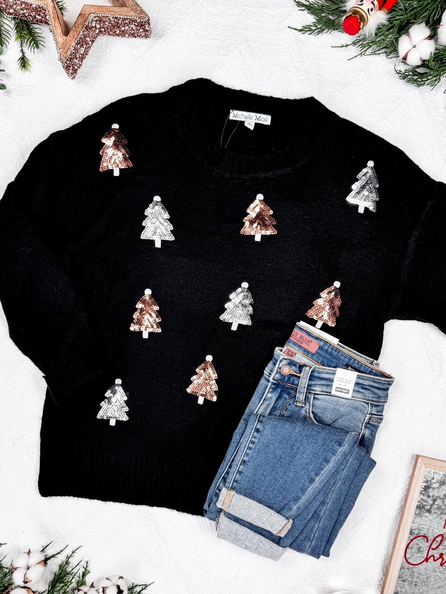 IN STOCK Holly Jolly Sweater - Gold + Silver Trees FINAL SALE