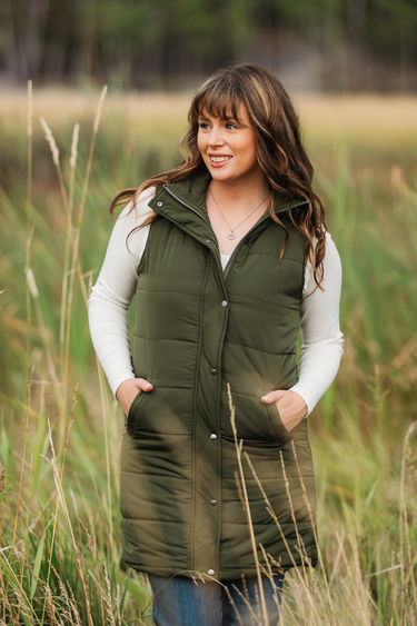 IN STOCK Harlow Long Vest - Dark Olive