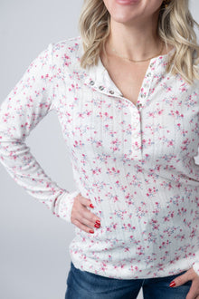 IN STOCK Button Snap Henley Top - Micro Pink Floral