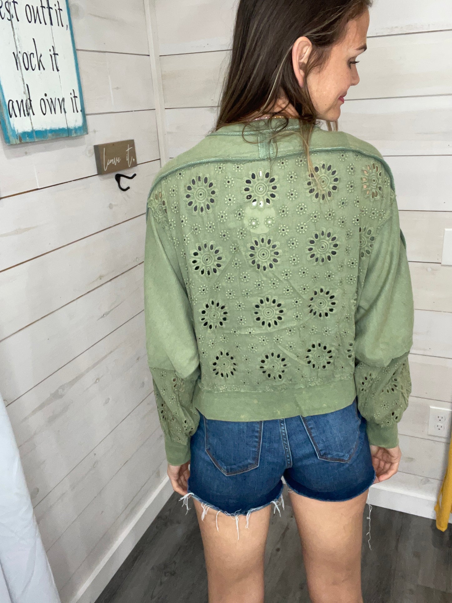 Washed Lace Trim Cardigan - Green