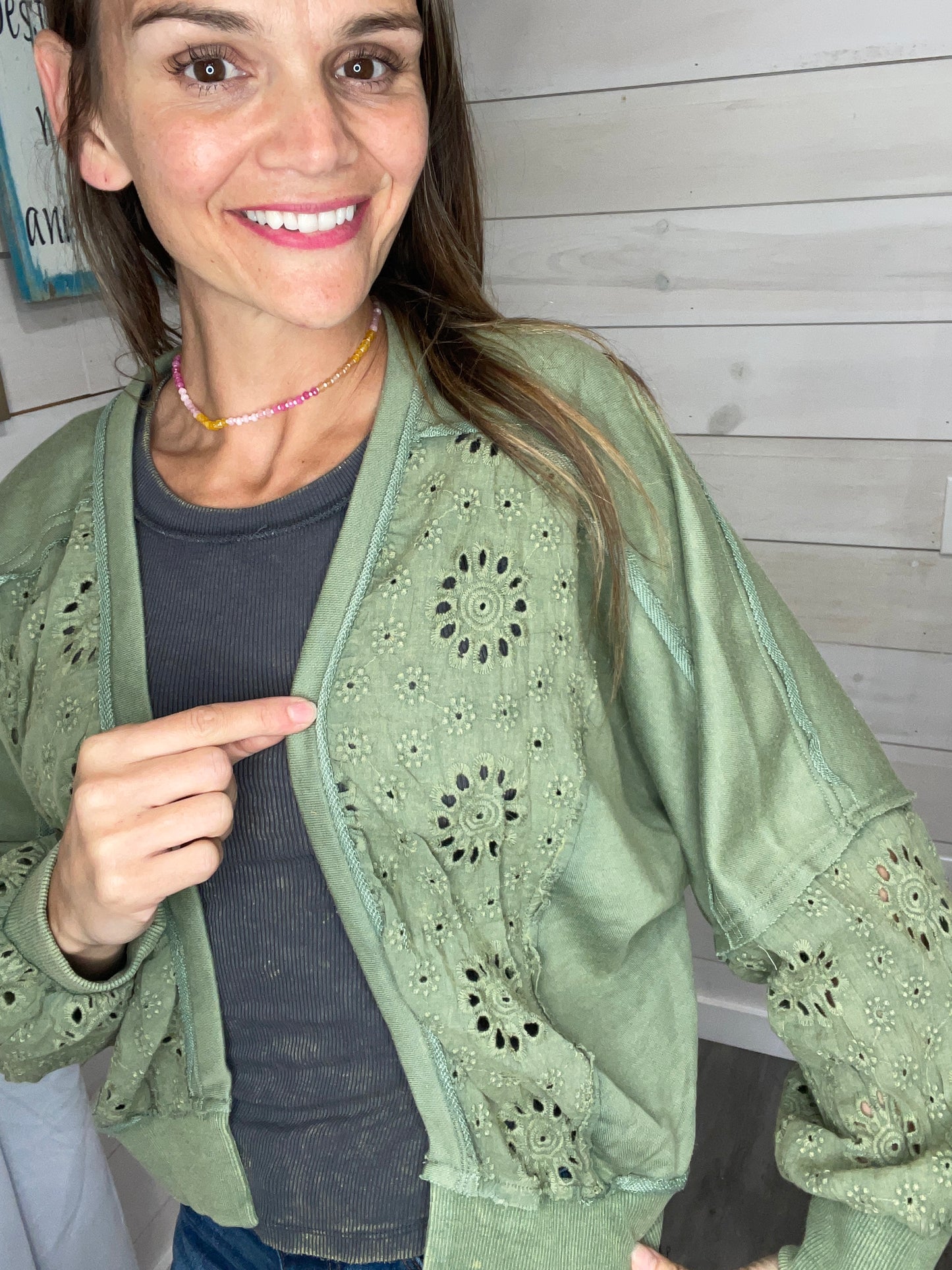 Washed Lace Trim Cardigan - Green