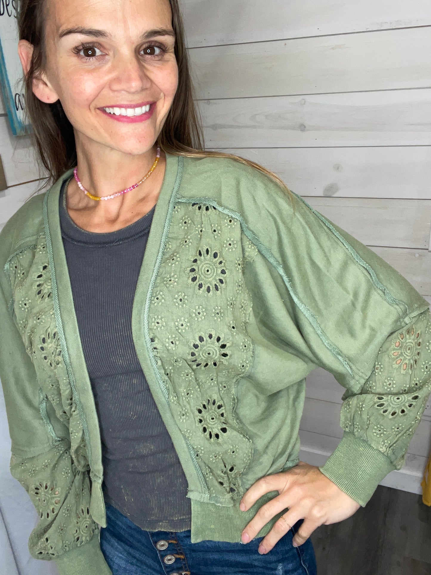 Washed Lace Trim Cardigan - Green