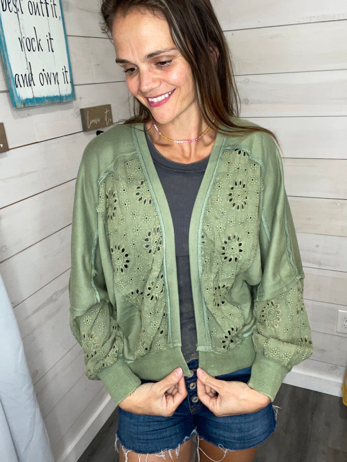 Washed Lace Trim Cardigan - Green