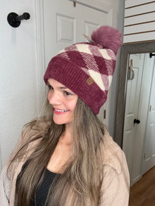 C.c Diamond Check Pom Beanie Burgundy - Hana