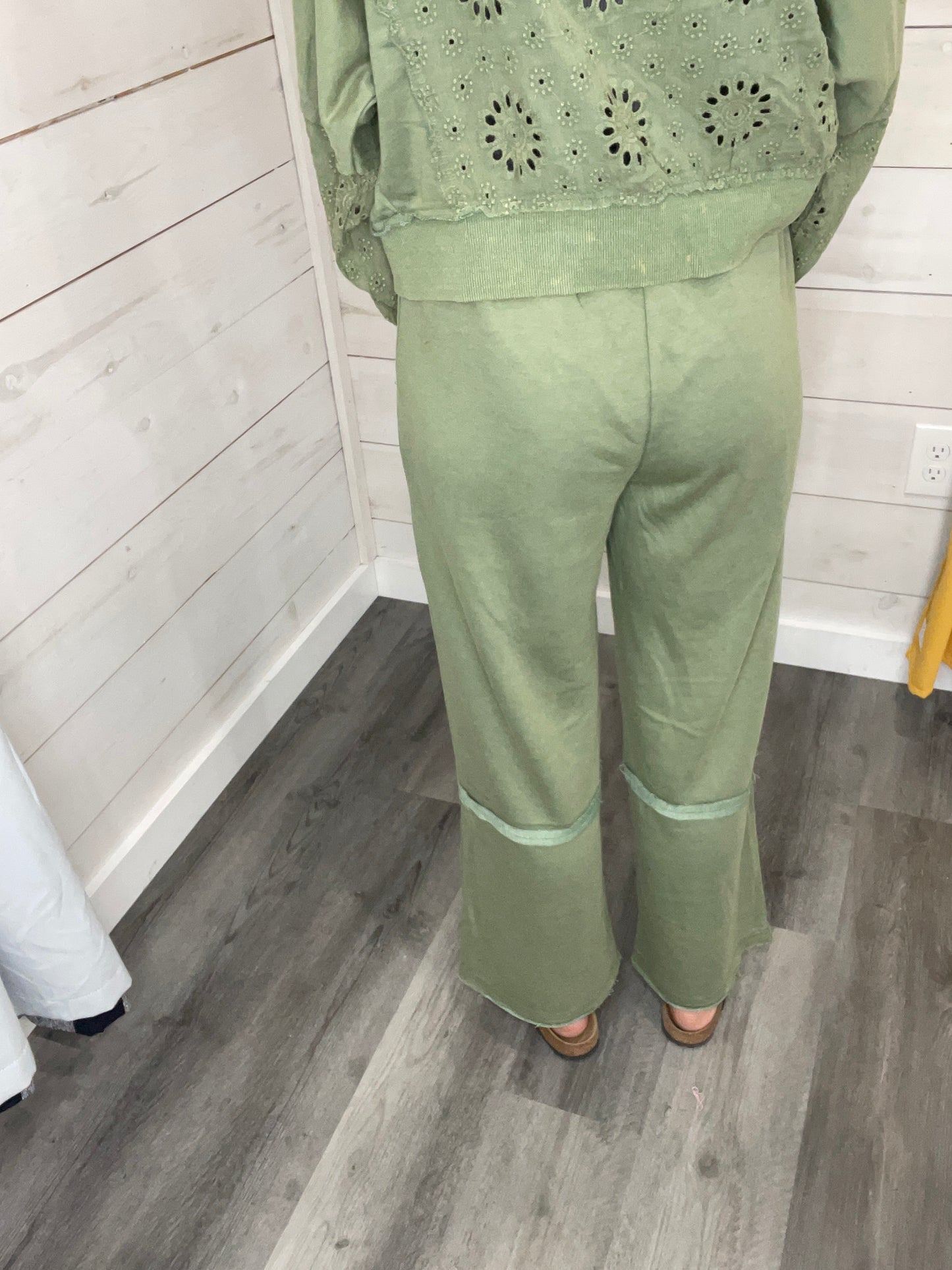 Washed Lace Trim Pants - Green